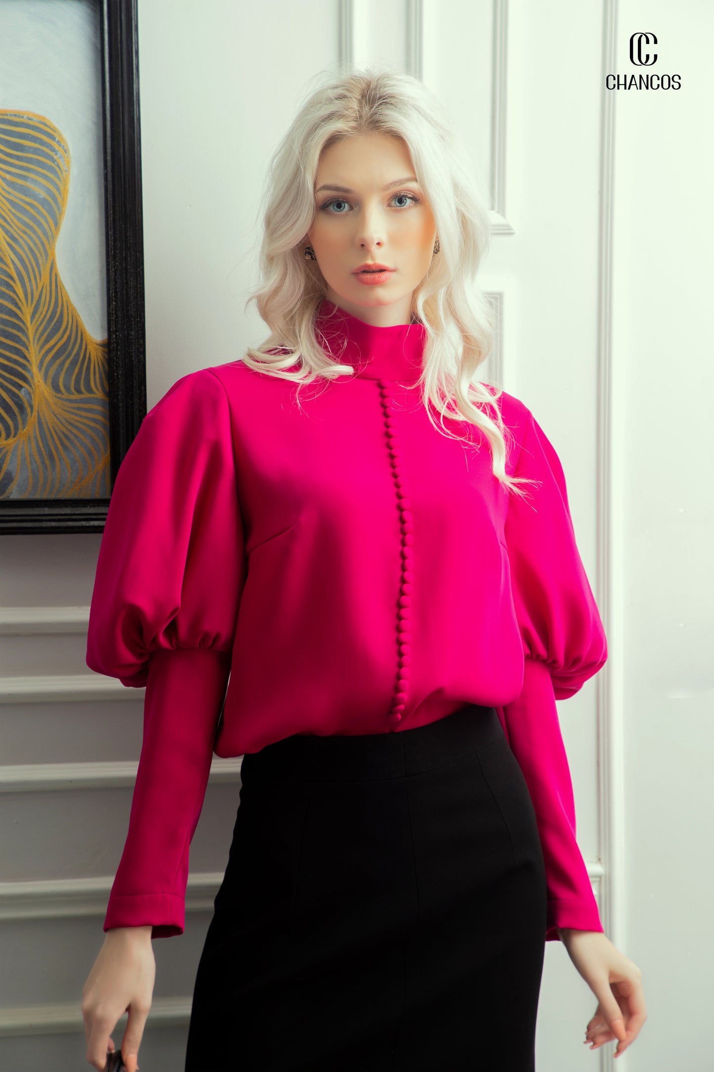 High-Neck Fuchsia Blouse with Puff Sleeves and Black Pencil Skirt