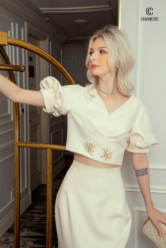 Ivory Embroidered Crop Top and High-Waisted Midi Skirt Set