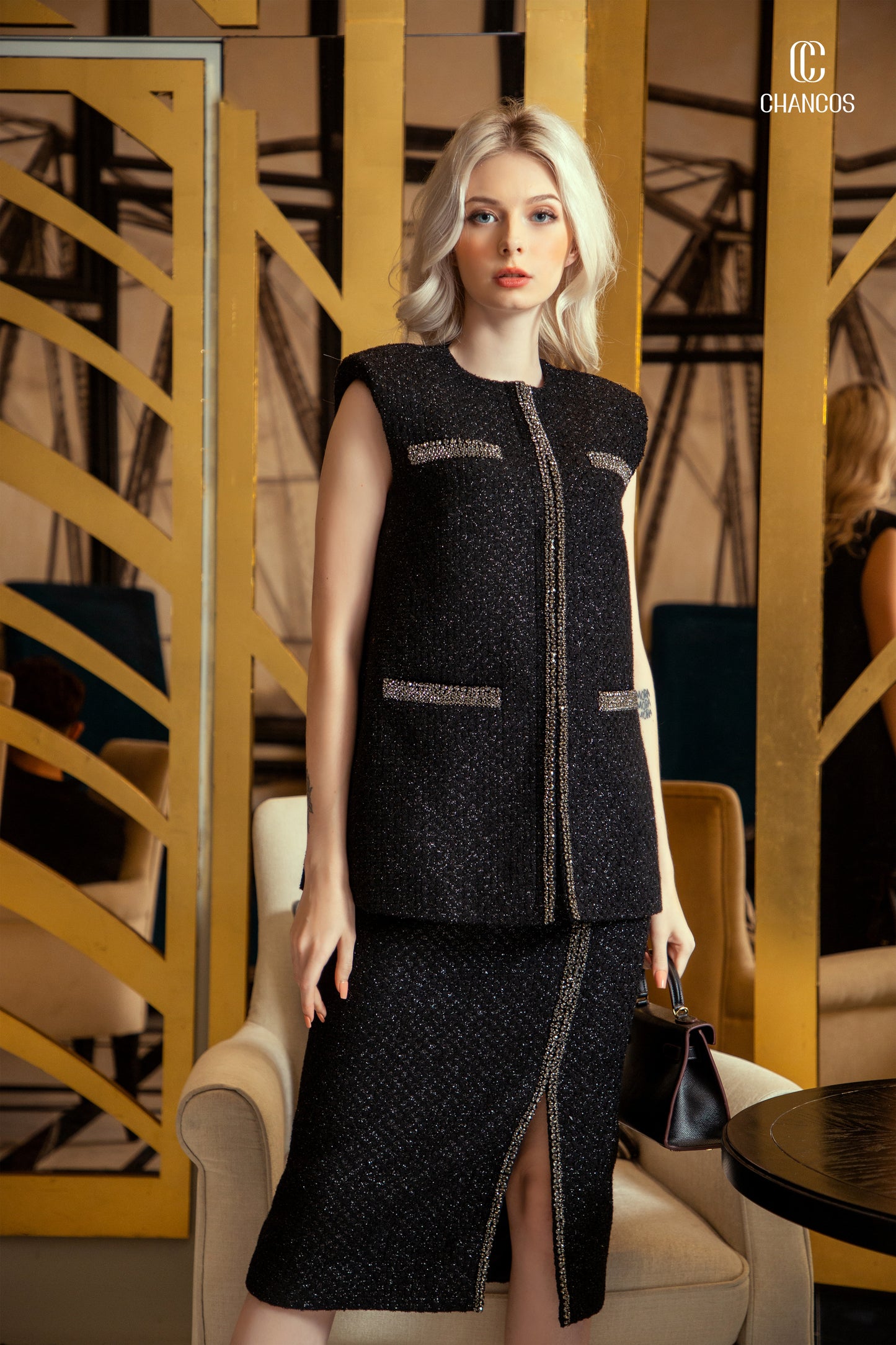Black Sleeveless Tweed Skirt Suit with Embellished Trim