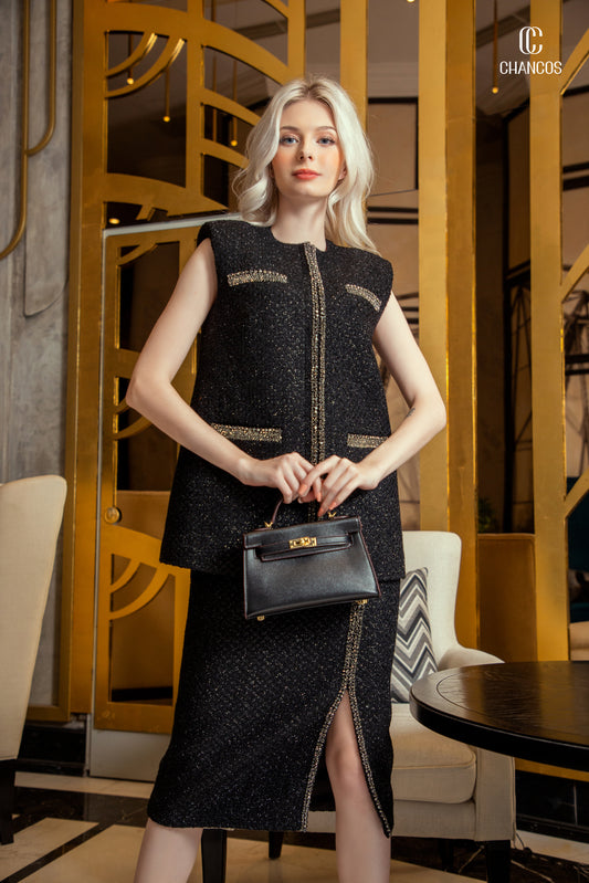 Black Sleeveless Tweed Skirt Suit with Embellished Trim