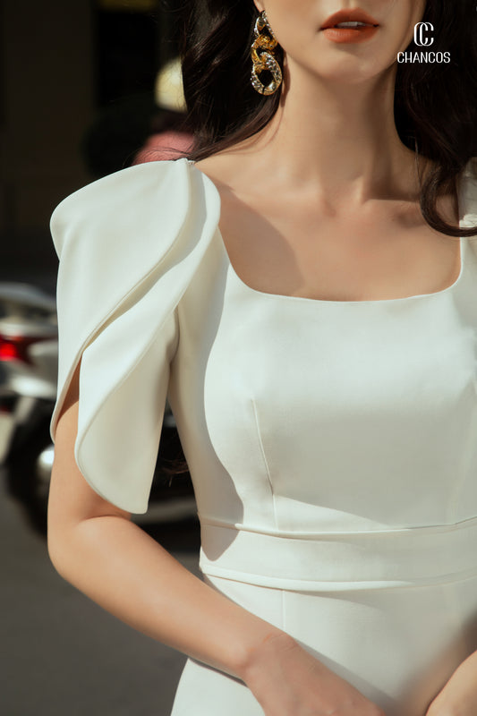 White Midi Dress with Statement Ruffle Sleeves