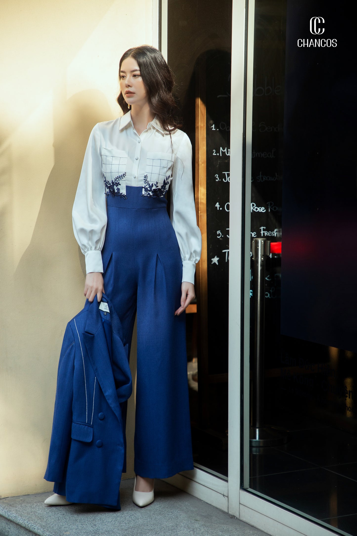 High-Waisted Blue Wide-Leg Jumpsuit with Embroidered White Top