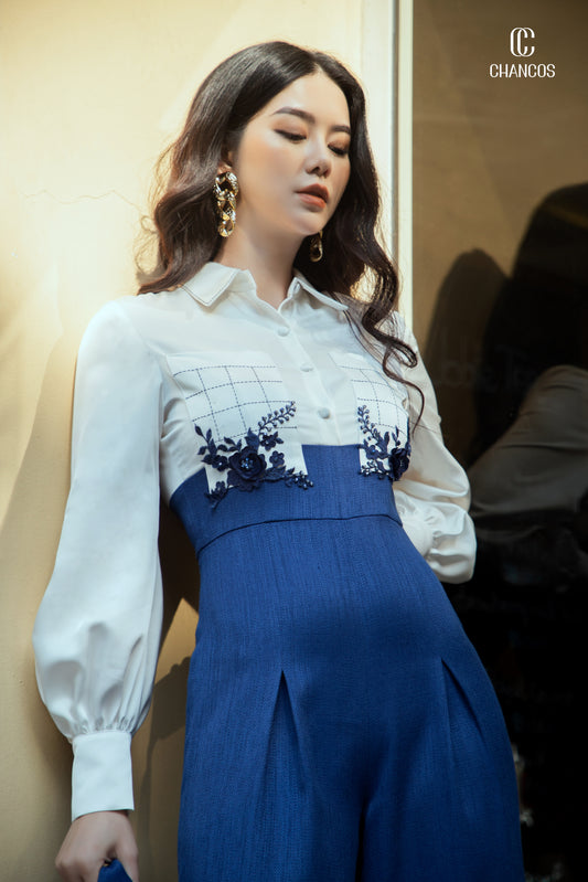 High-Waisted Blue Wide-Leg Jumpsuit with Embroidered White Top