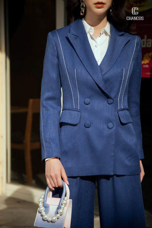 Double-Breasted Blue Blazer with White Stitch Detail