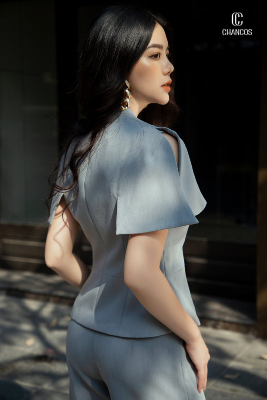 Grey Wide-Leg Pant Suit with Flutter Sleeve Blazer