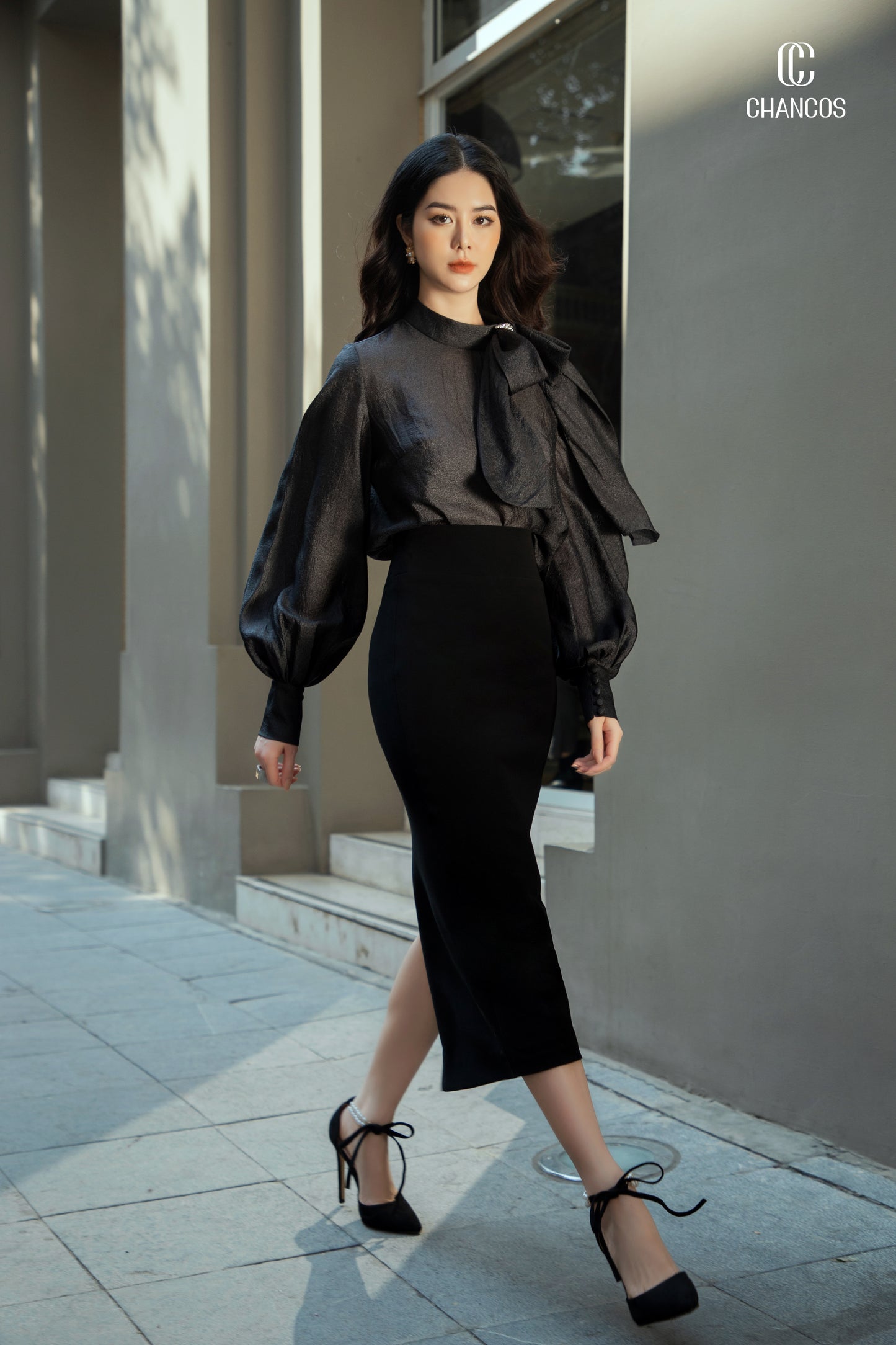 Black Blouse with Statement Bow and Balloon Sleeves