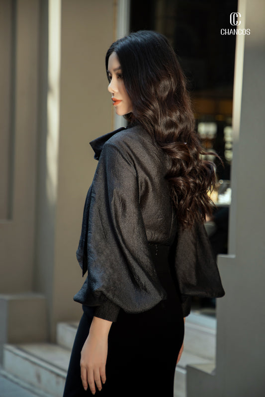 Black Blouse with Statement Bow and Balloon Sleeves