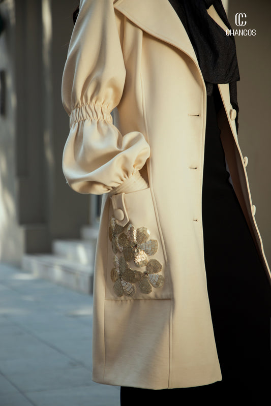 Chic Beige Trench Coat with Puff Sleeves