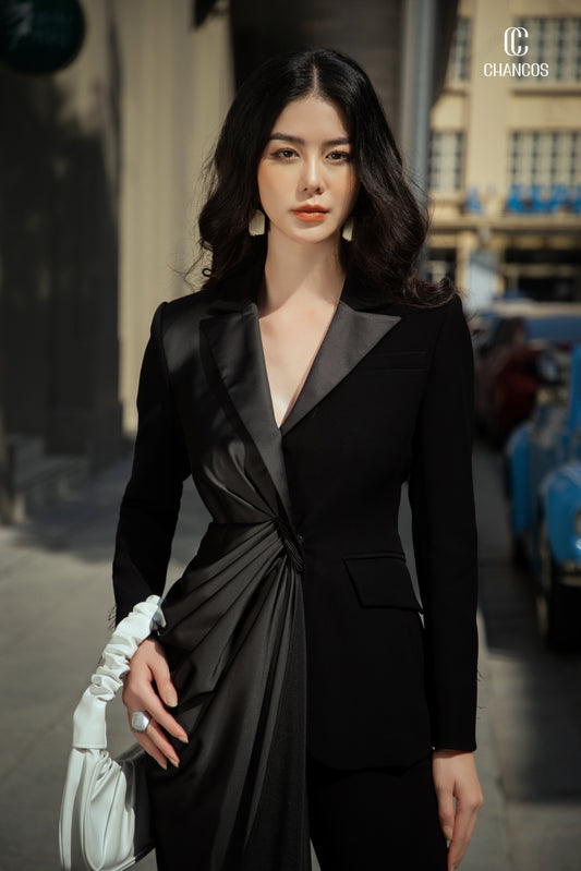 Black Satin Draped Blazer with Asymmetrical Design