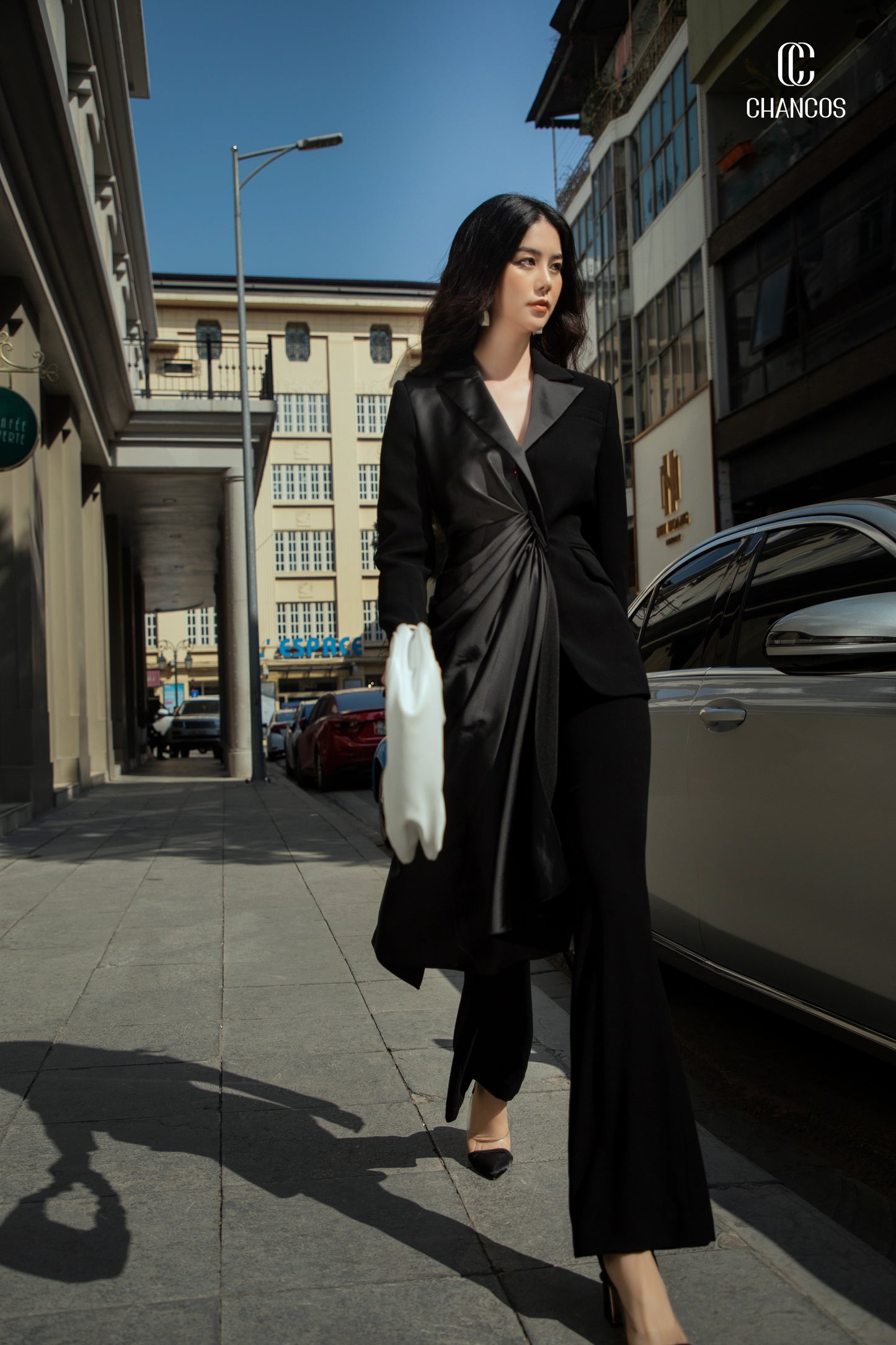 Black Satin Draped Blazer with Asymmetrical Design