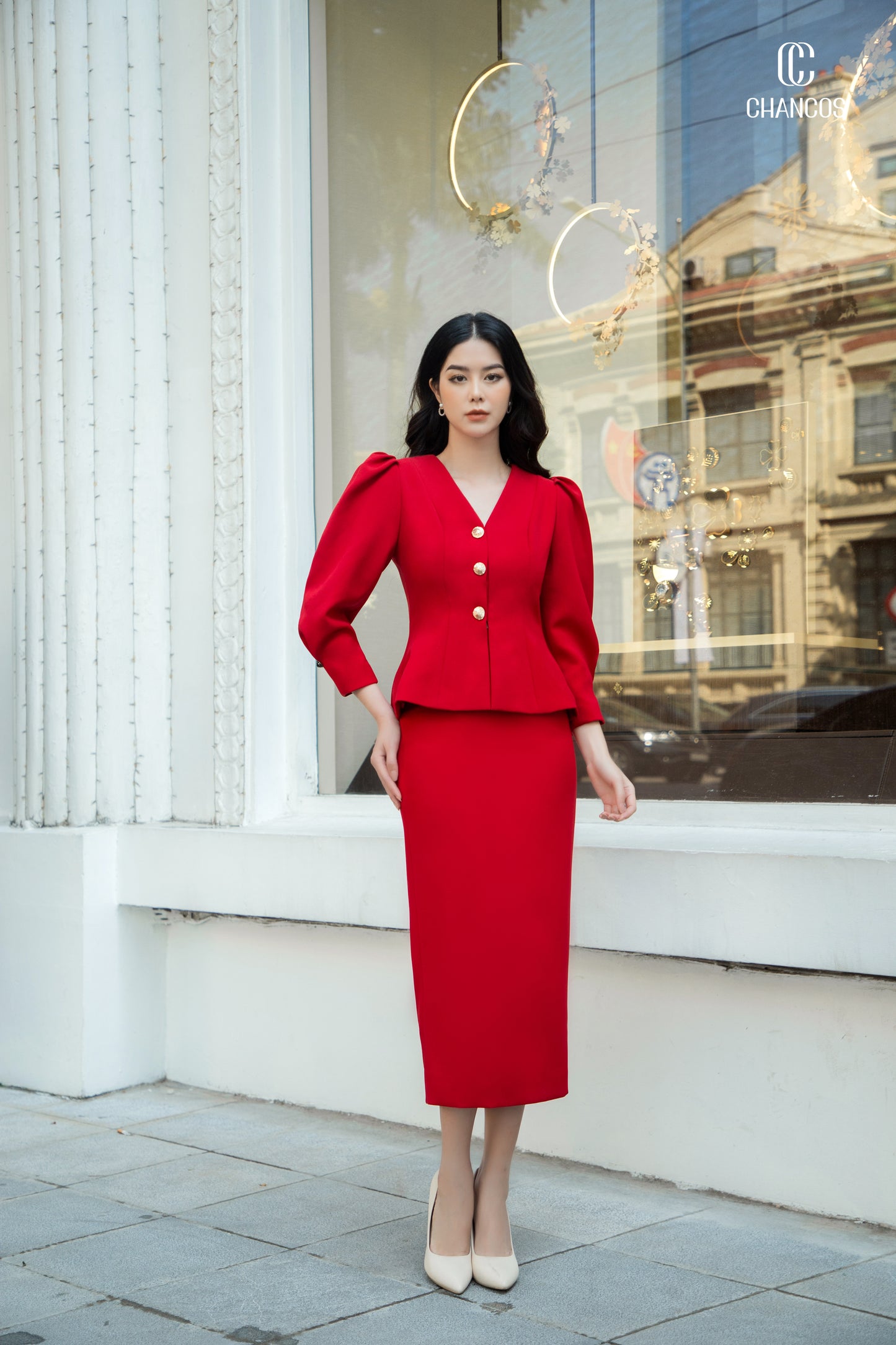 Red Puff Sleeve Blazer Skirt Set