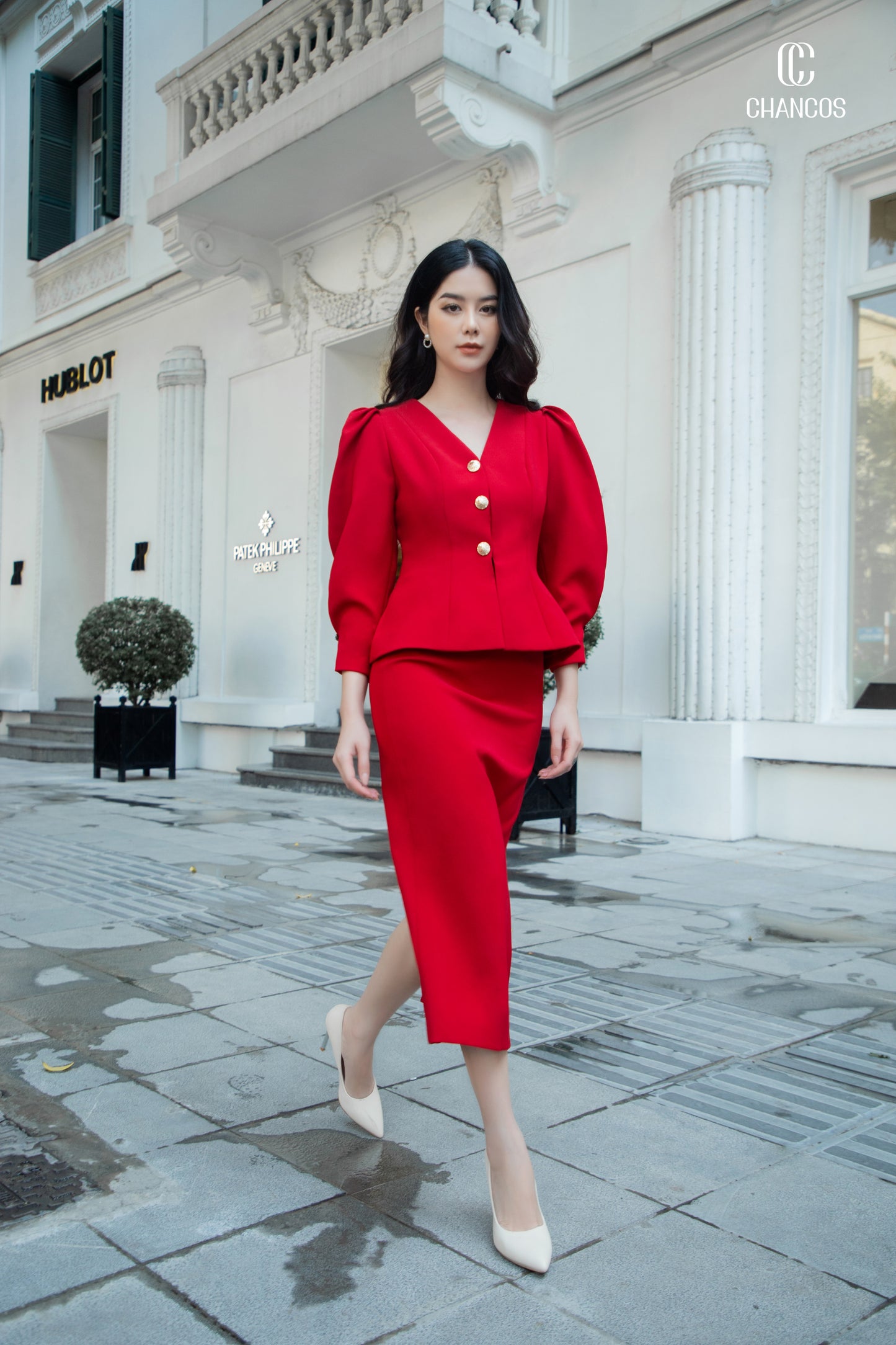 Red Puff Sleeve Blazer Skirt Set