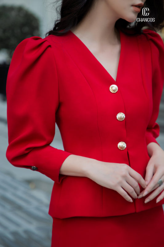 Red Puff Sleeve Blazer Skirt Set