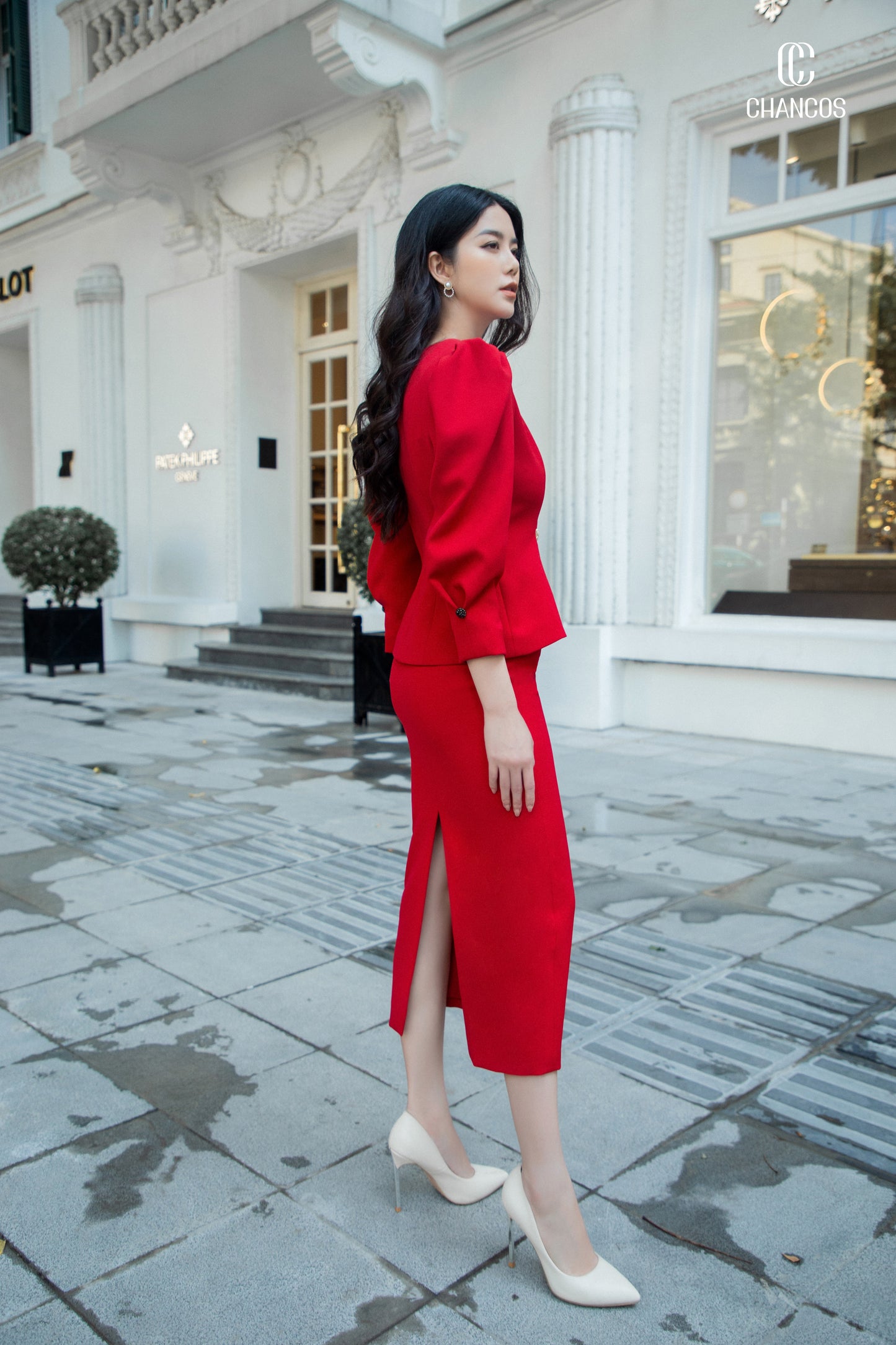 Red Puff Sleeve Blazer Skirt Set