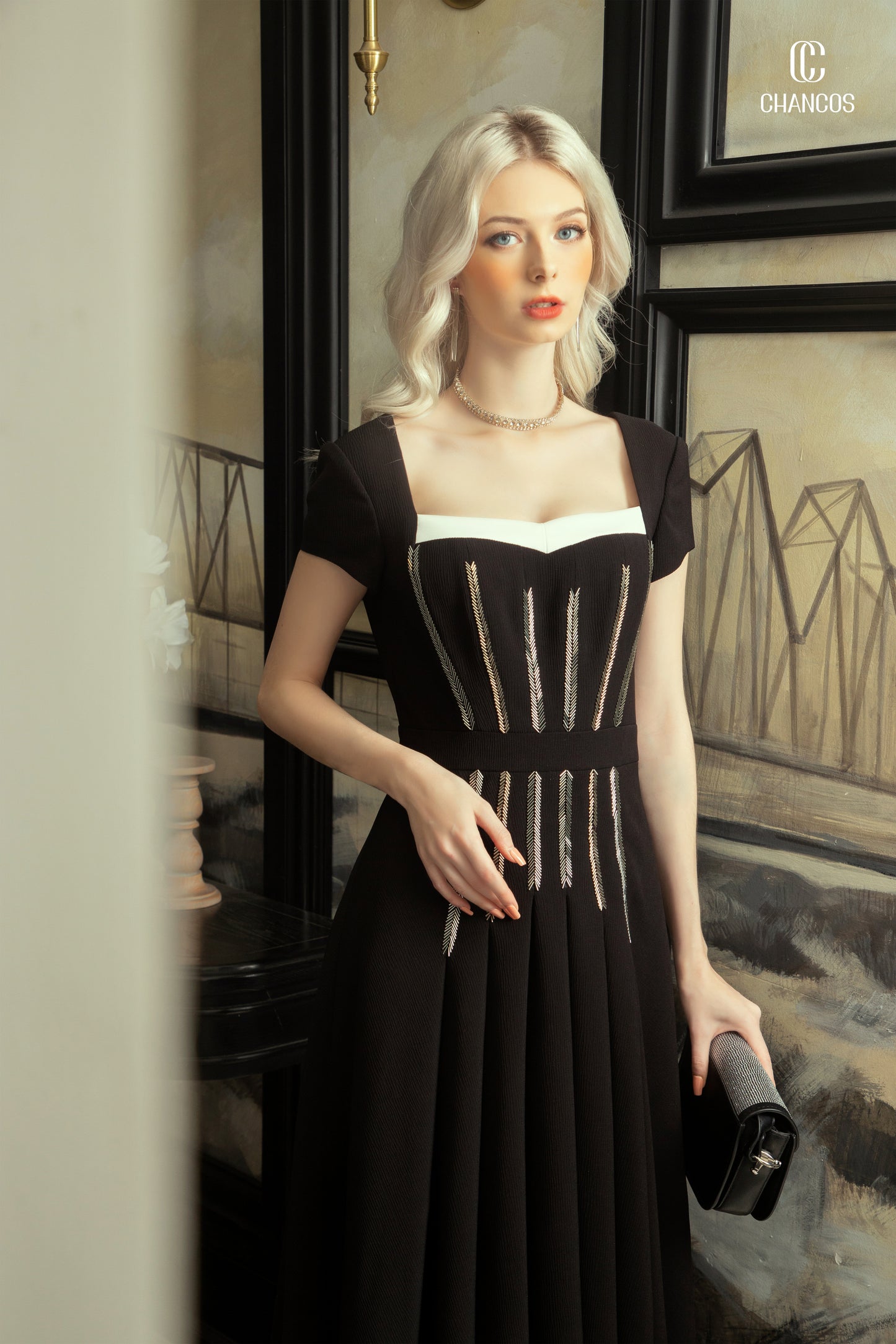 Black Midi Dress with Silver Embellishments and Square Neckline