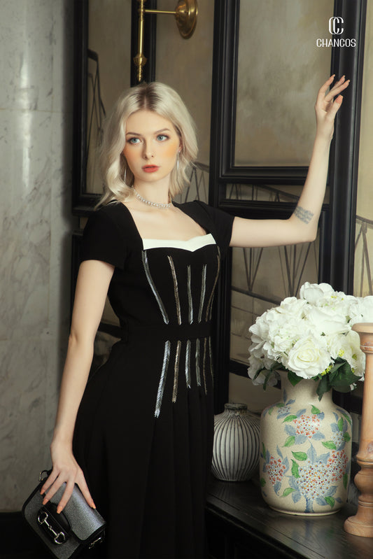 Black Midi Dress with Silver Embellishments and Square Neckline