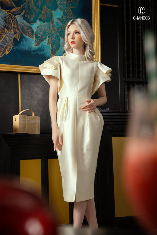 Cream Ruffle-Sleeve Midi Dress