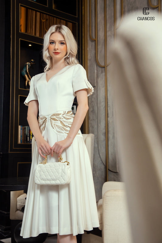 White V-Neck A-Line Midi Dress with Gold Leaf Embellishments