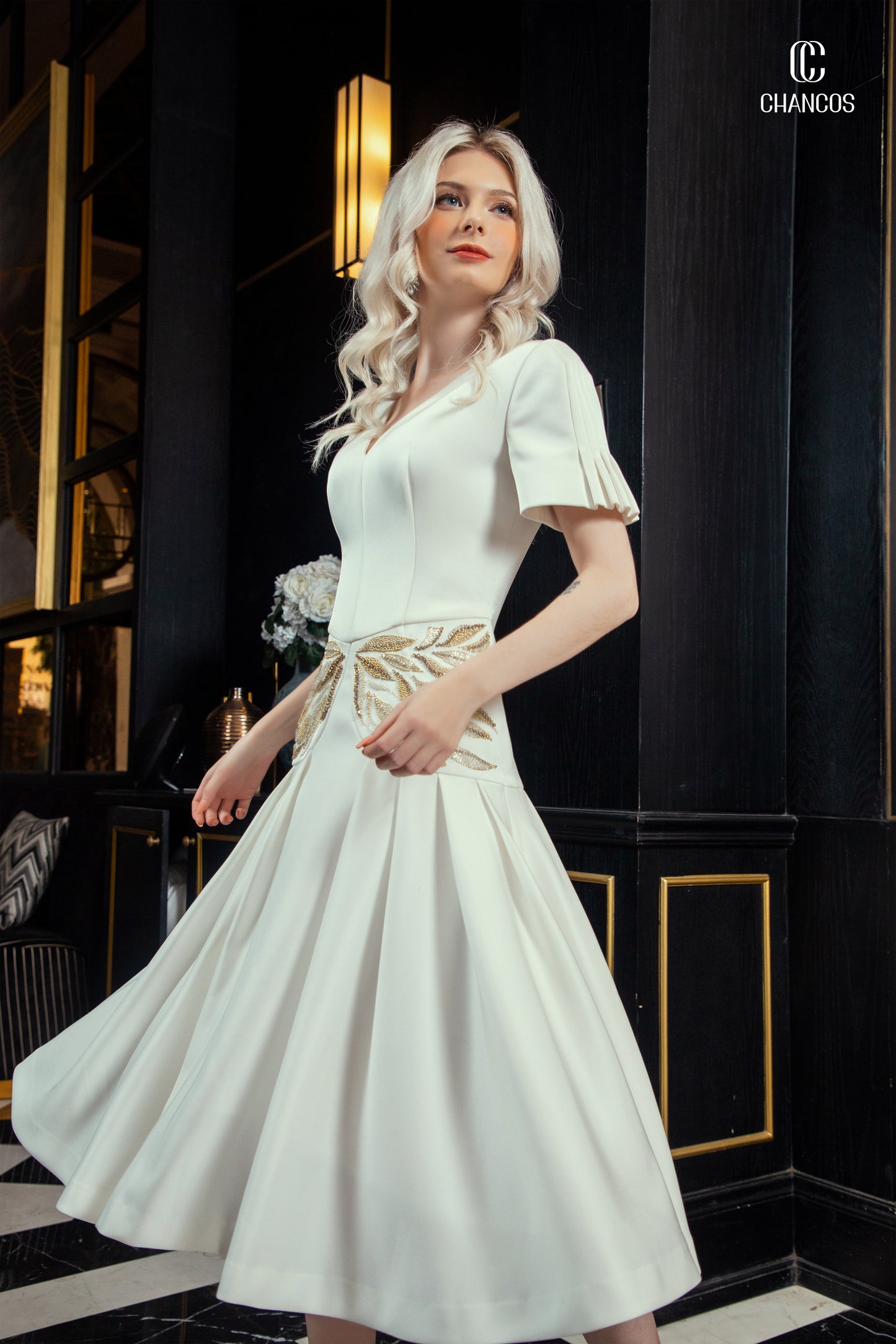 White V-Neck A-Line Midi Dress with Gold Leaf Embellishments