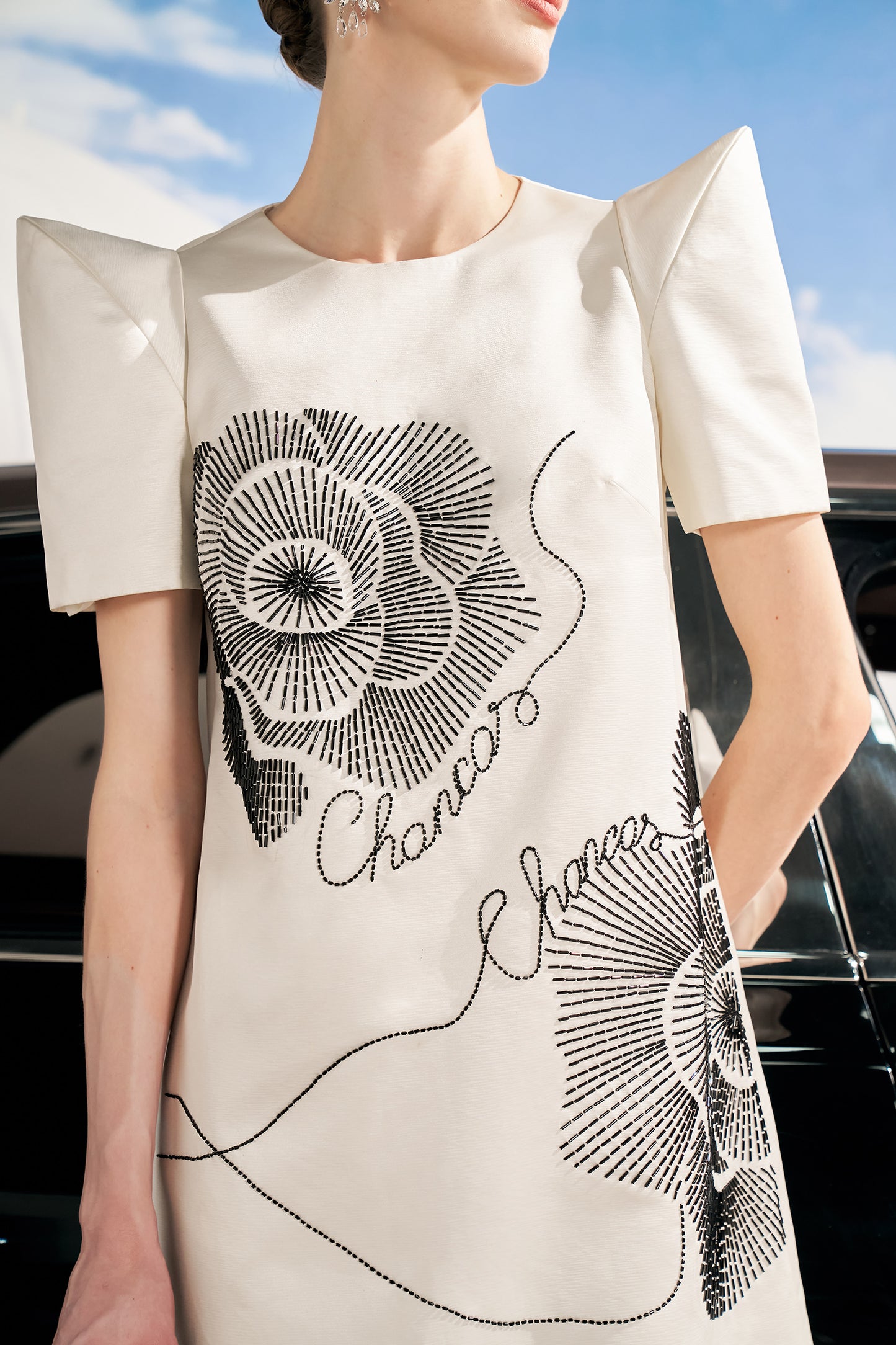 Peaked Shoulder Embroidered A-Line Dress