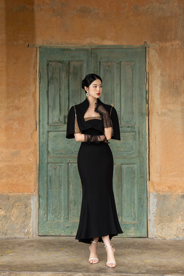 Black Gabardine Fishtail Dress with Embroidered Capelet