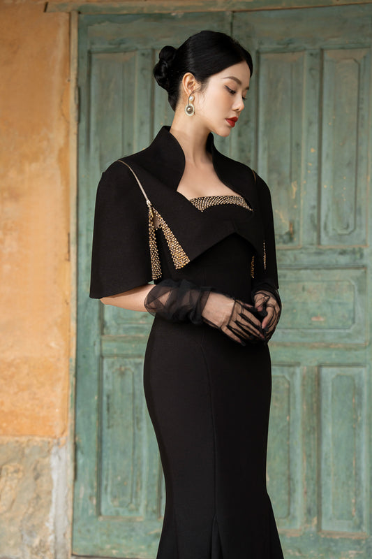 Black Gabardine Fishtail Dress with Embroidered Capelet