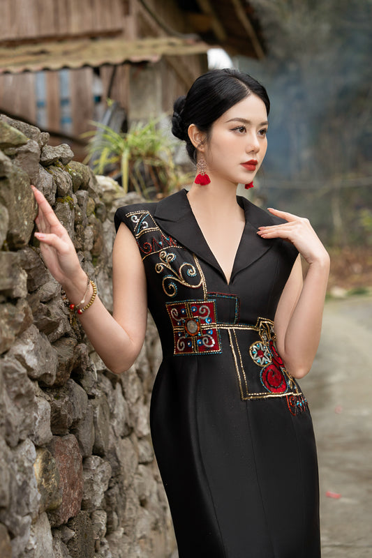 Black Taffeta Midi Dress with Embroidered Bodice