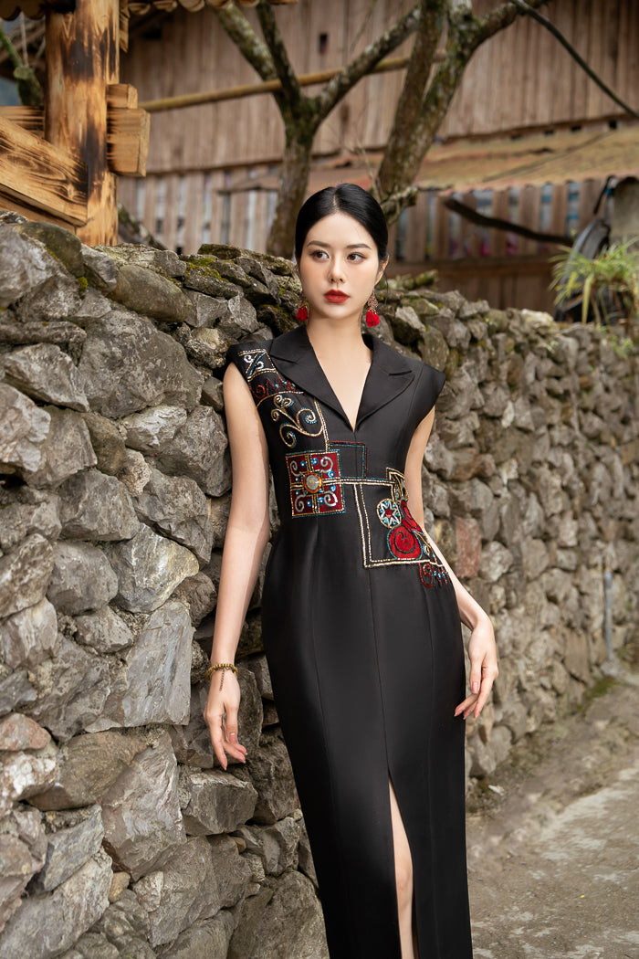 Black Taffeta Midi Dress with Embroidered Bodice