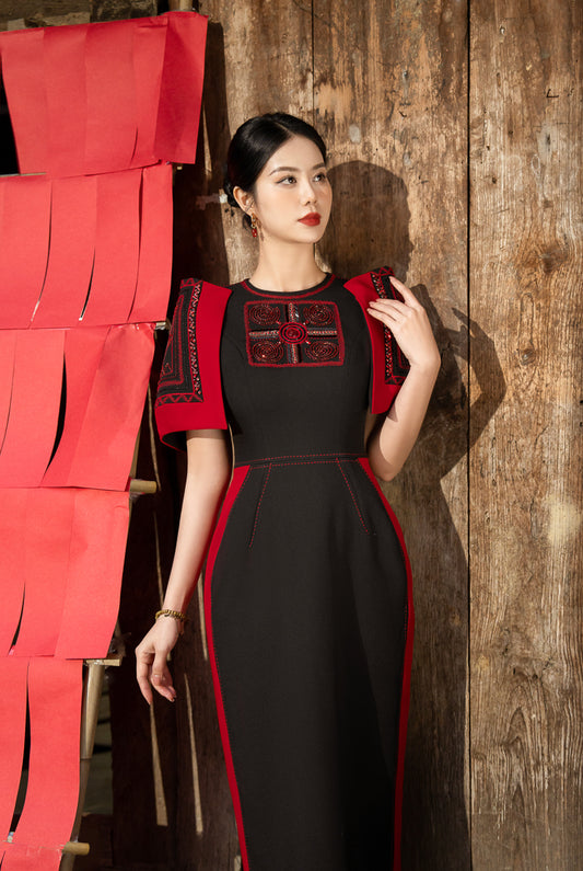 Black Gabardine Midi Dress with Red Embroidered Panels