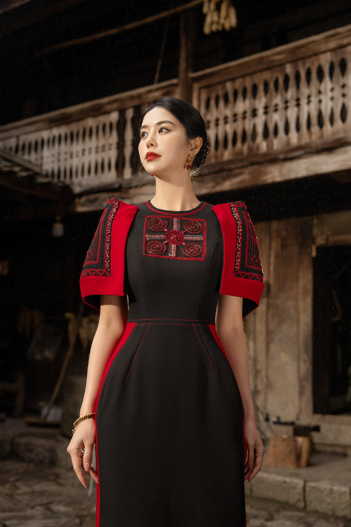 Black Gabardine Midi Dress with Red Embroidered Panels