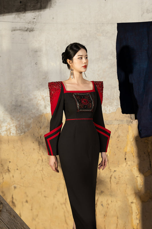 Satin Polyester Silk Dress with Structured Shoulders and Embroidered Bodice