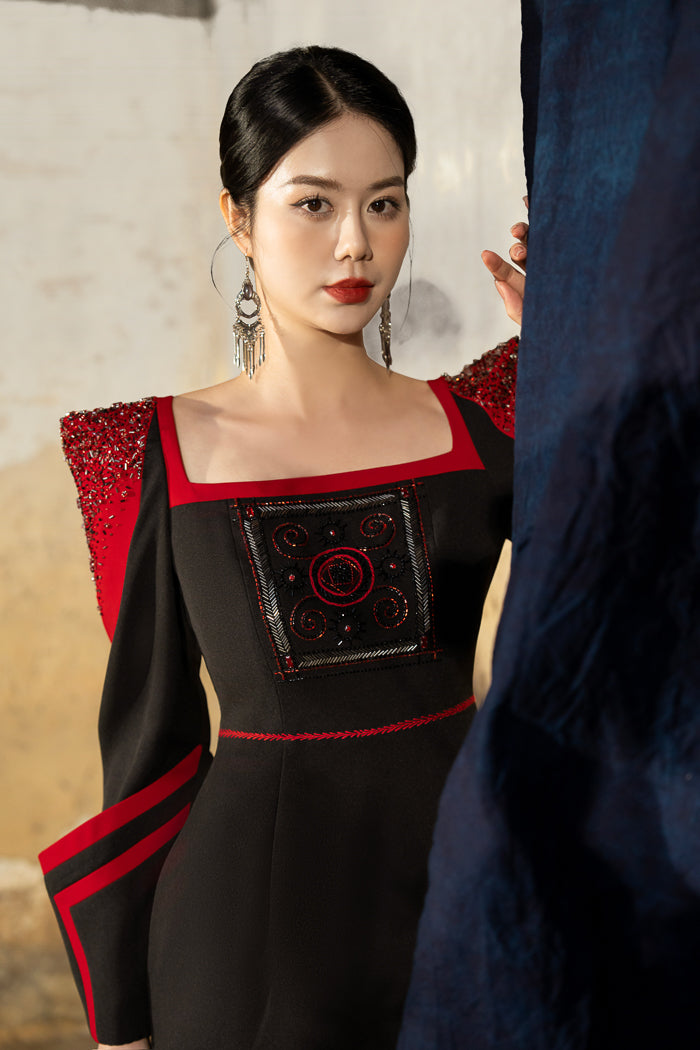 Satin Polyester Silk Dress with Structured Shoulders and Embroidered Bodice