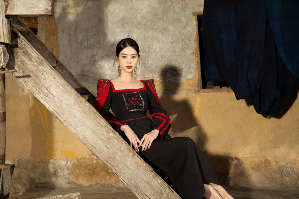 Satin Polyester Silk Dress with Structured Shoulders and Embroidered Bodice