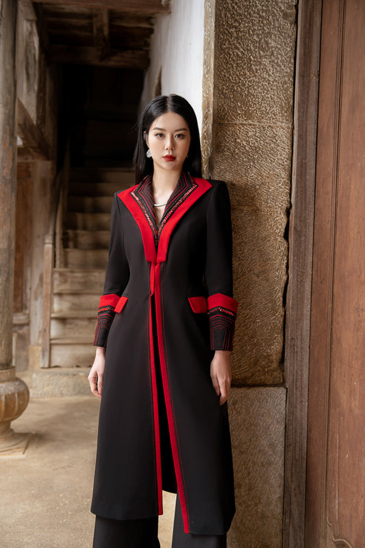 Long Satin Polyester Silk Blazer with Red Trim