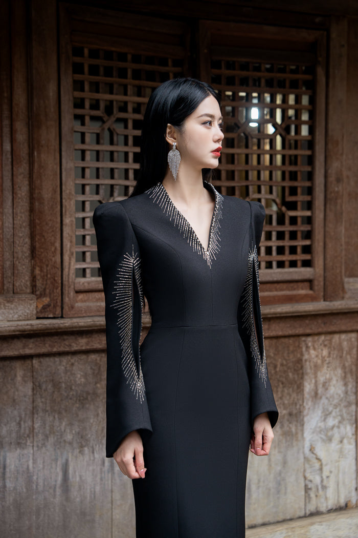 Silk Twill Midi Dress with Dramatic Sleeves and Embroidery