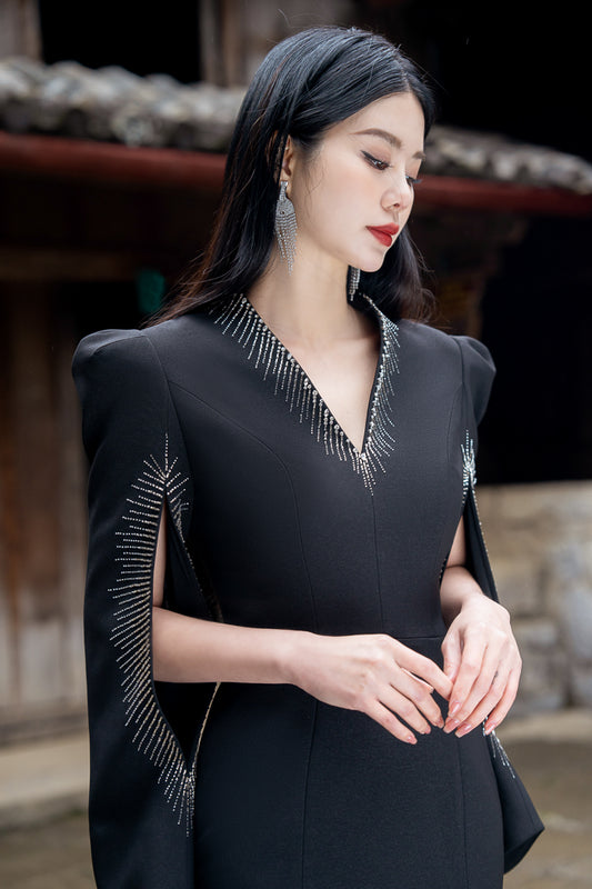 Silk Twill Midi Dress with Dramatic Sleeves and Embroidery