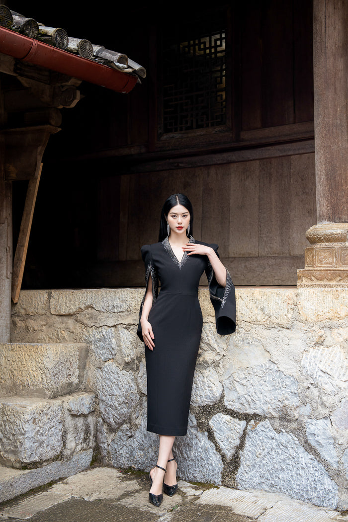 Silk Twill Midi Dress with Dramatic Sleeves and Embroidery