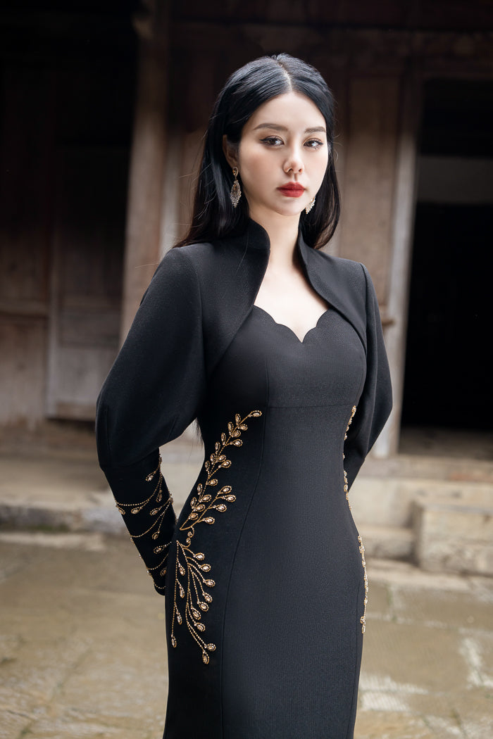Panama Polyester Midi Dress with Embroidered Sleeves and Waist