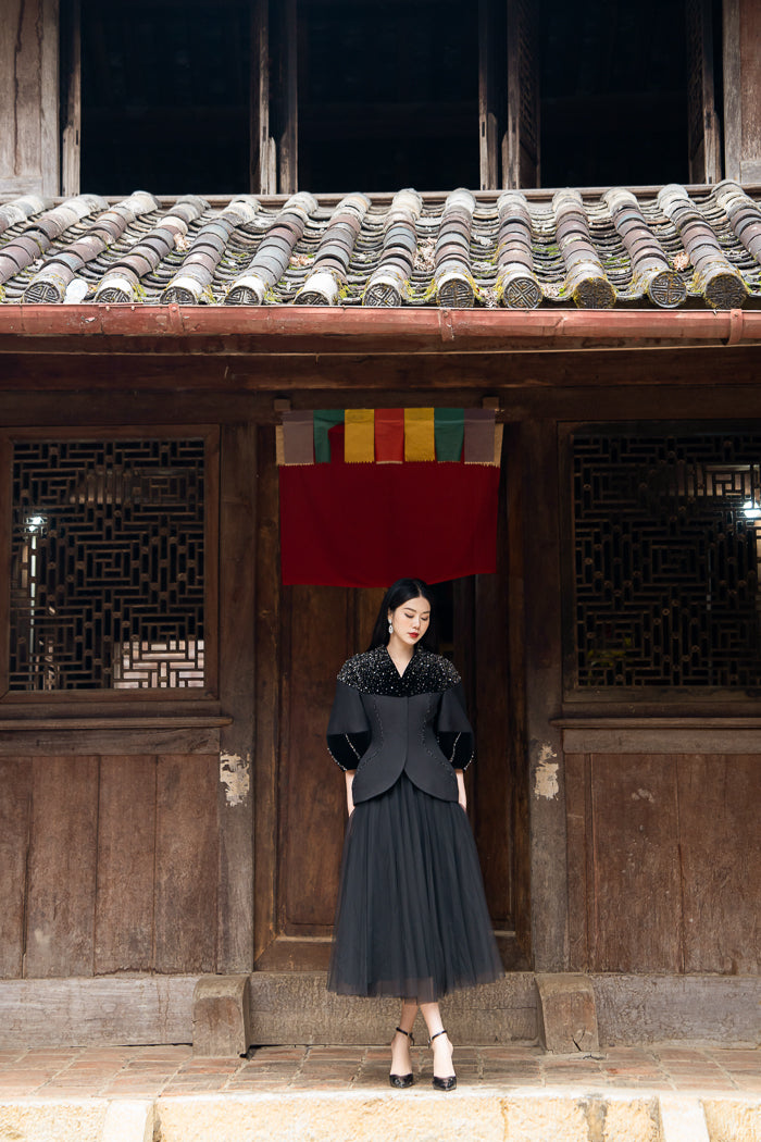 Black Embellished Cape Jacket with Tulle Skirt