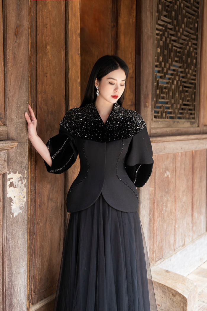 Black Embellished Cape Jacket with Tulle Skirt