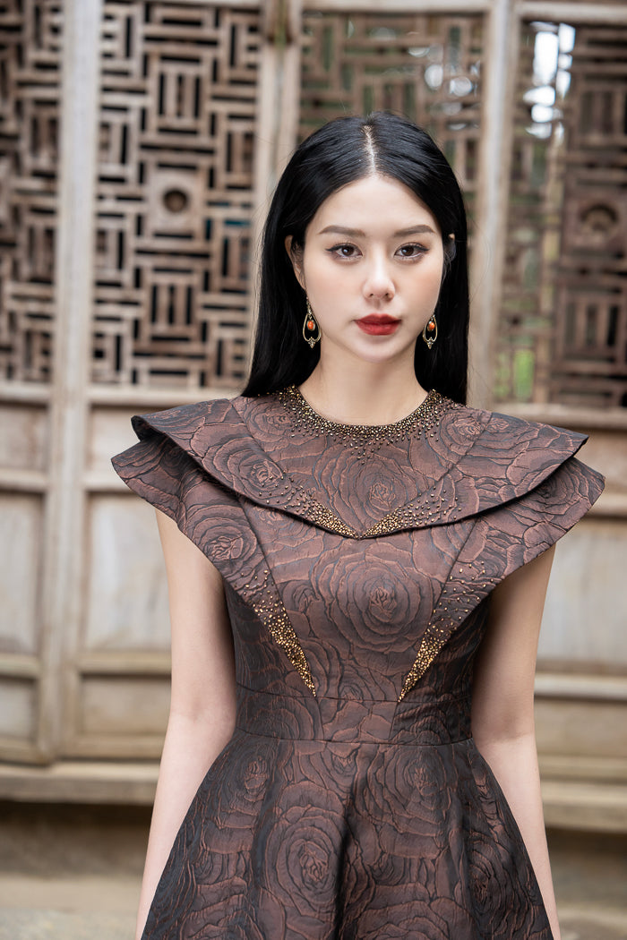 Rose Taffeta A-Line Dress with Structured Shoulders