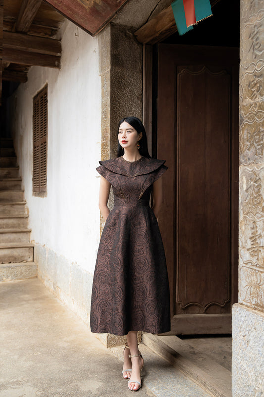 Rose Taffeta A-Line Dress with Structured Shoulders