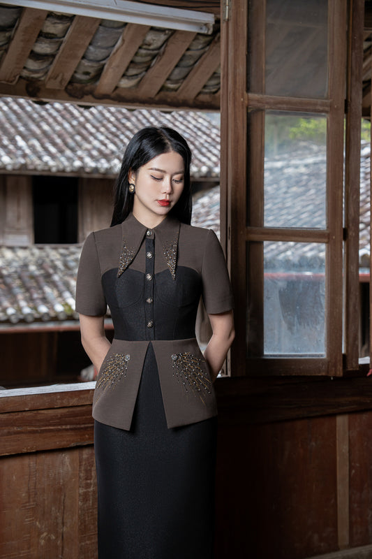 Gabardine Midi Dress with Embroidered Peplum Waist