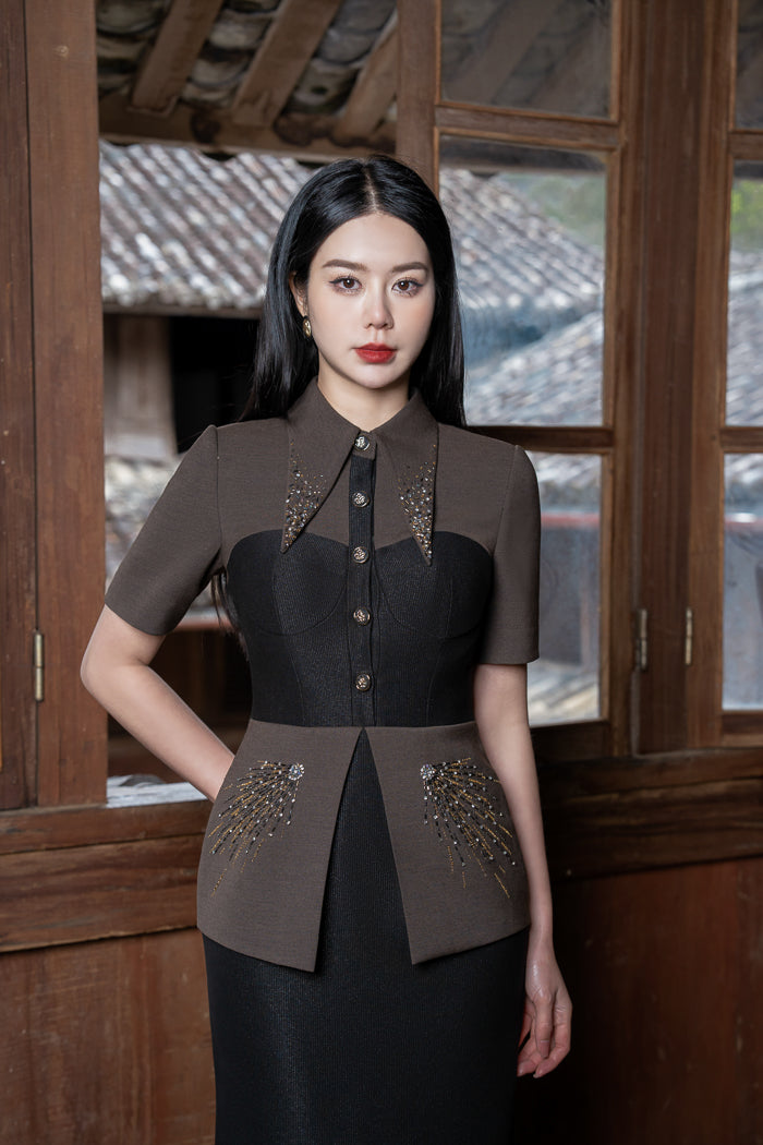 Gabardine Midi Dress with Embroidered Peplum Waist
