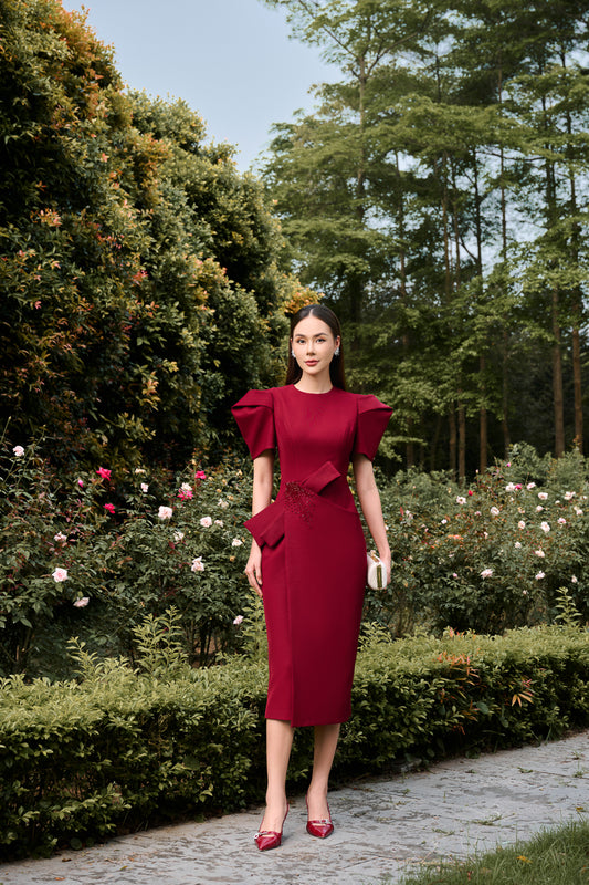 Structured Gabardine Midi Dress with Statement Bow