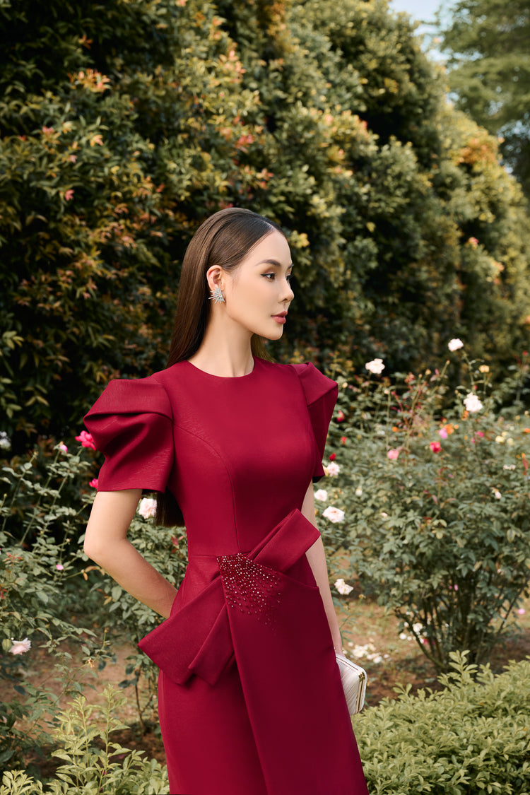 Structured Gabardine Midi Dress with Statement Bow