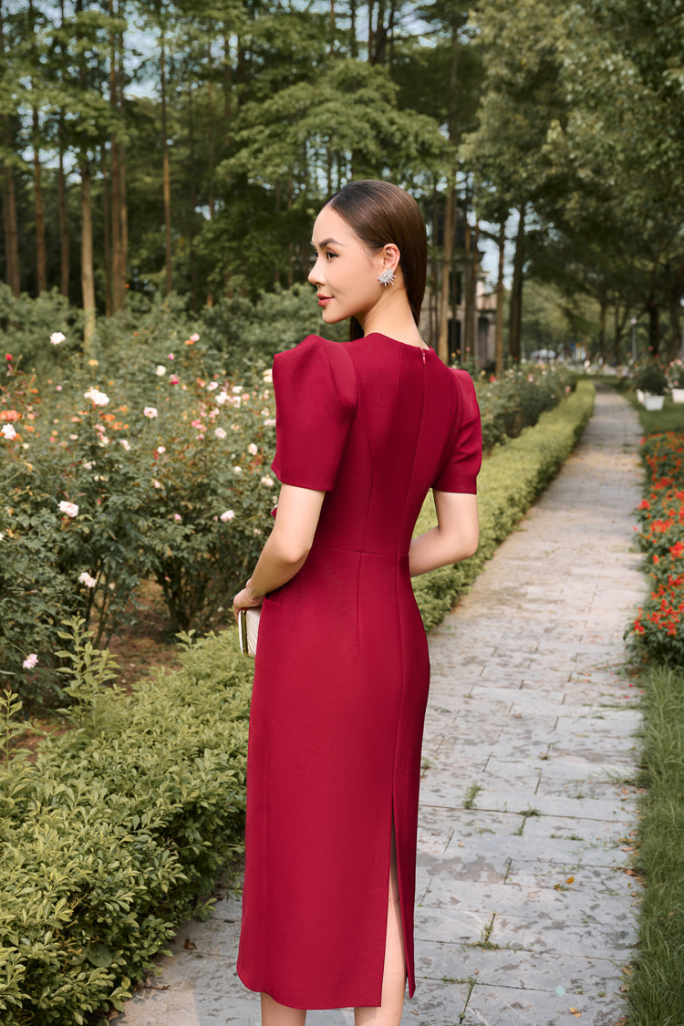 Structured Gabardine Midi Dress with Statement Bow