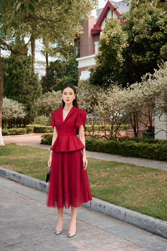Taffeta and Lace Vest Blouse with Flared Midi Dress