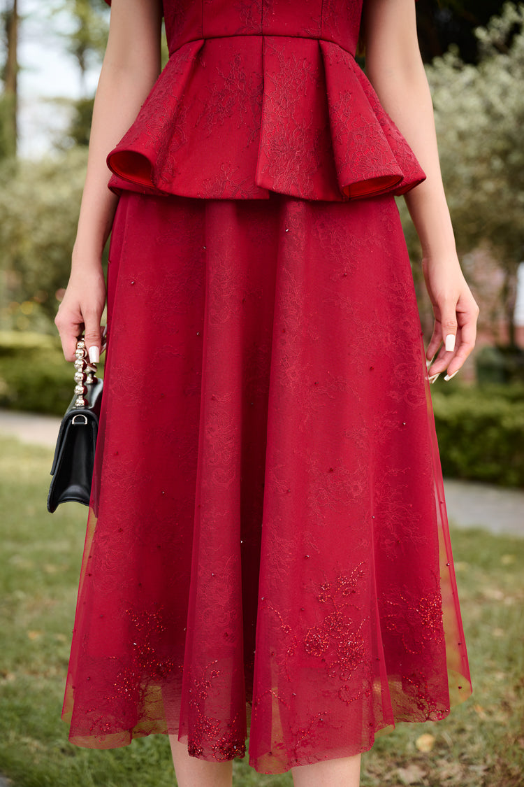 Taffeta and Lace Vest Blouse with Flared Midi Dress