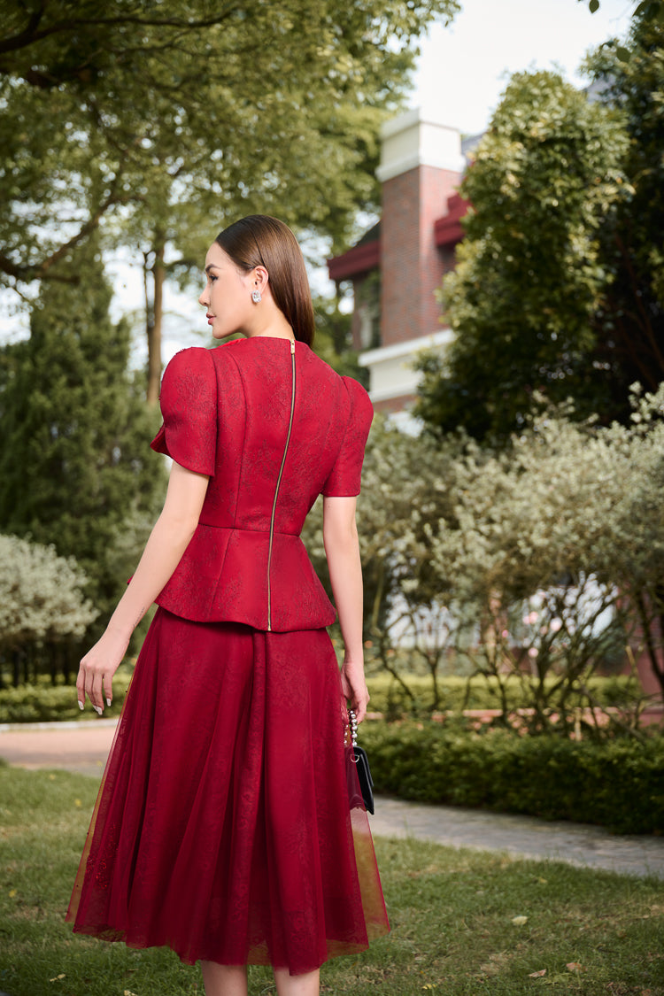 Taffeta and Lace Vest Blouse with Flared Midi Dress